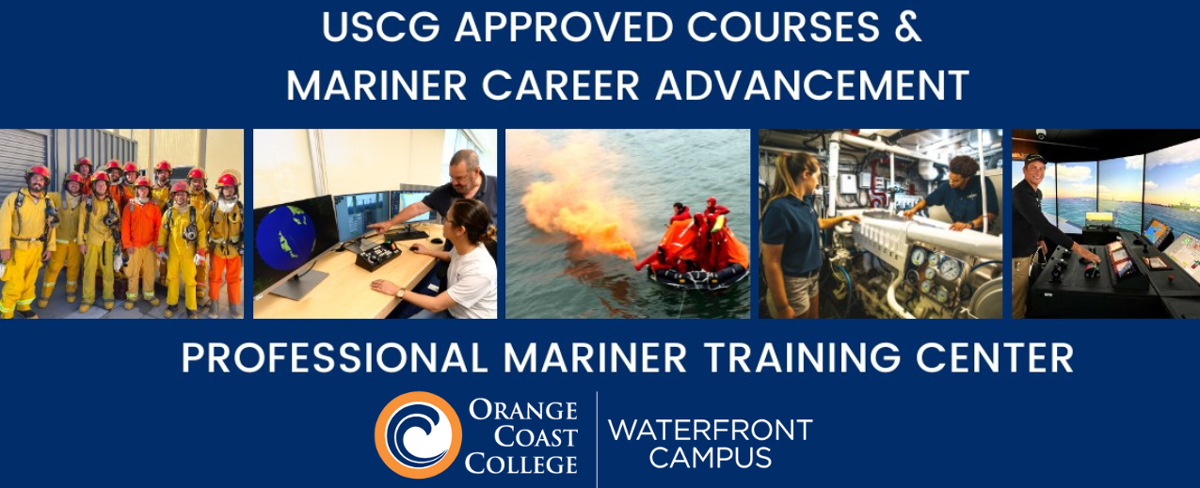 5 image collage of mariner program. Text: USCG Approved courses & Mariner Career Advancement, Professional mariner training center